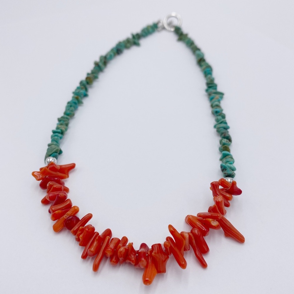 Sterling Silver 925 Turquoise & Coral Branch Chip Necklace